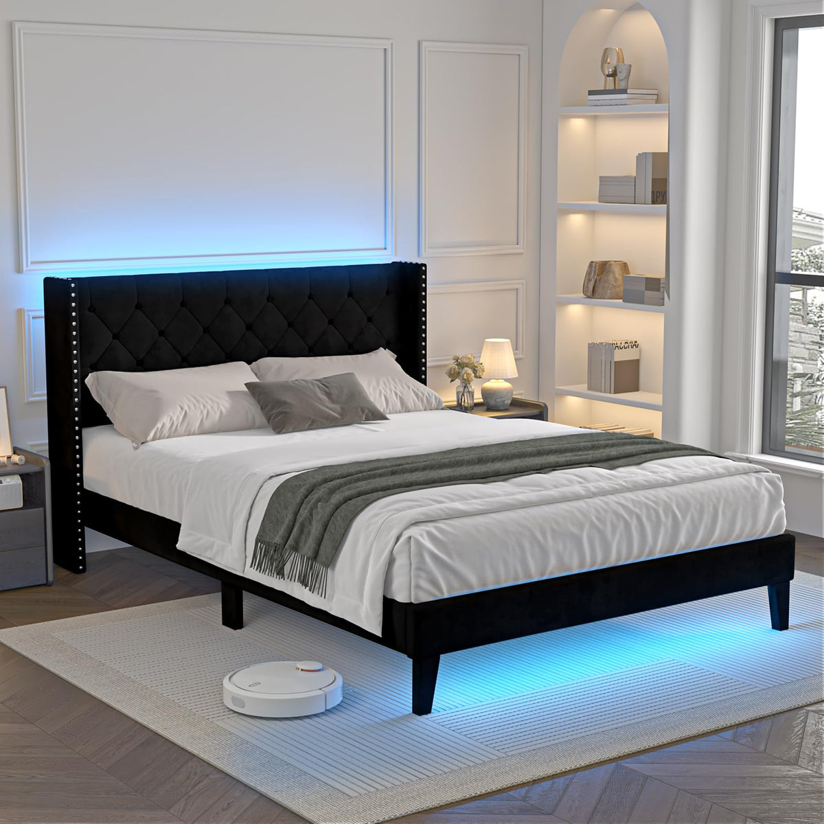 Black Velvet Upholstered Platform Bed Frame with Wingback Headboard B88207