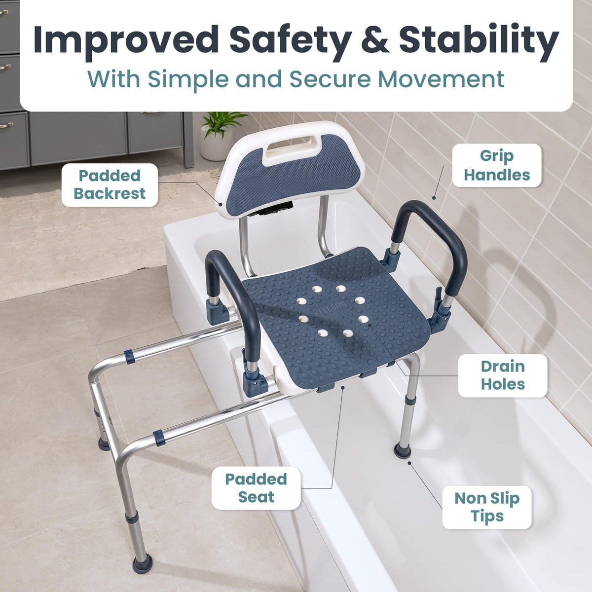 Dark Blue Sliding Shower Chair Tub Transfer Bench with Swivel Seat V698156