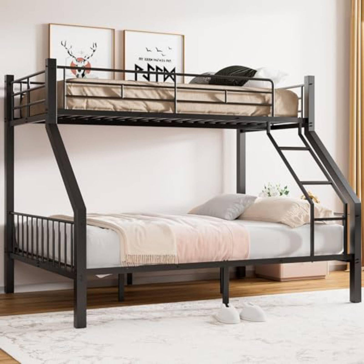 Twin XL Over Queen Bunk Bed with Ladder and Guardrails G46839