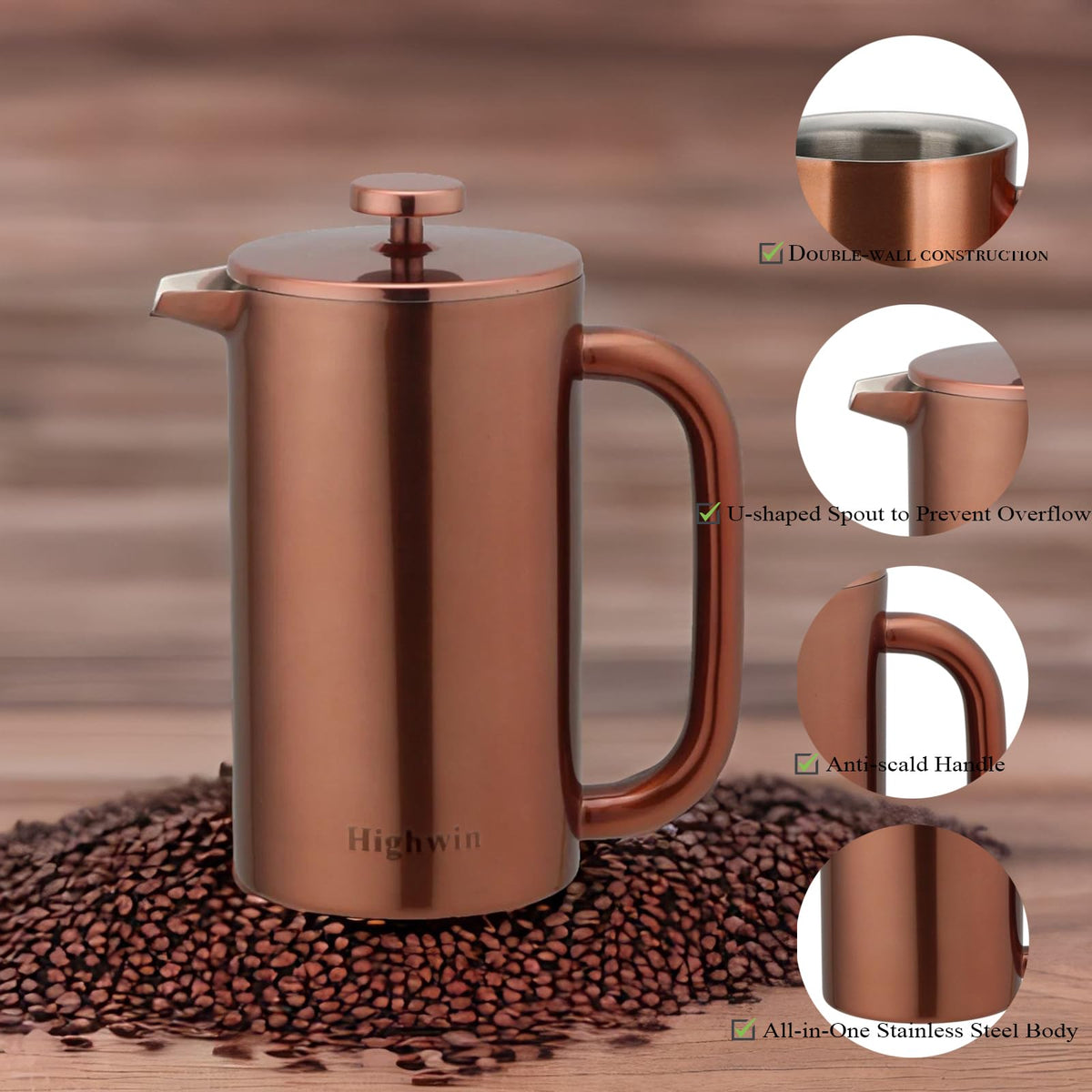 8 Cup Double Wall Insulated Stainless Steel French Coffee Press Y569