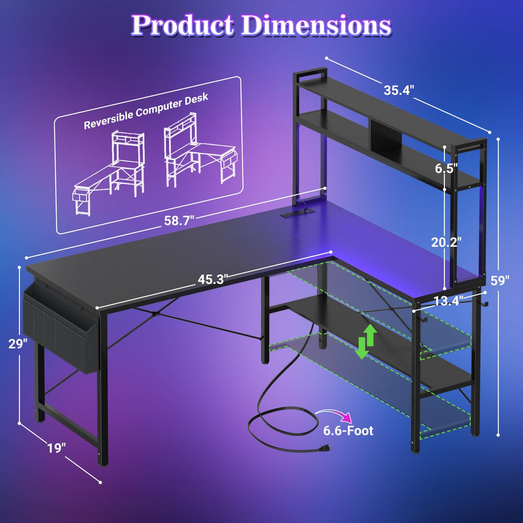 59" L Shaped Desk with LED Light & Power Outlet L493785