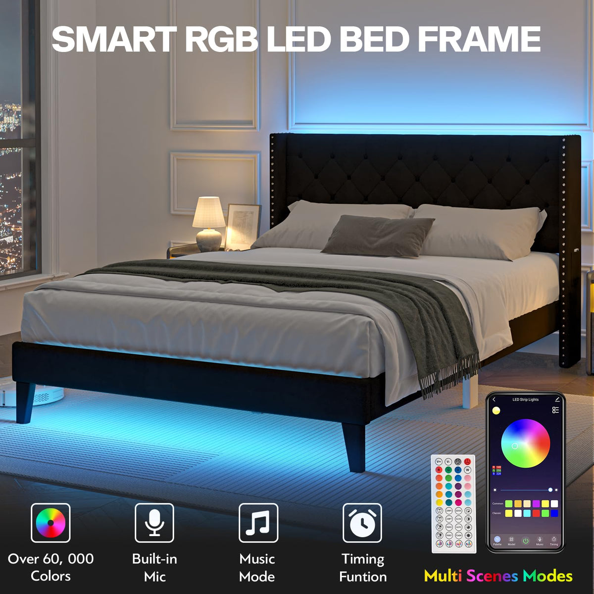 Black Velvet Upholstered Platform Bed Frame with Wingback Headboard B88207