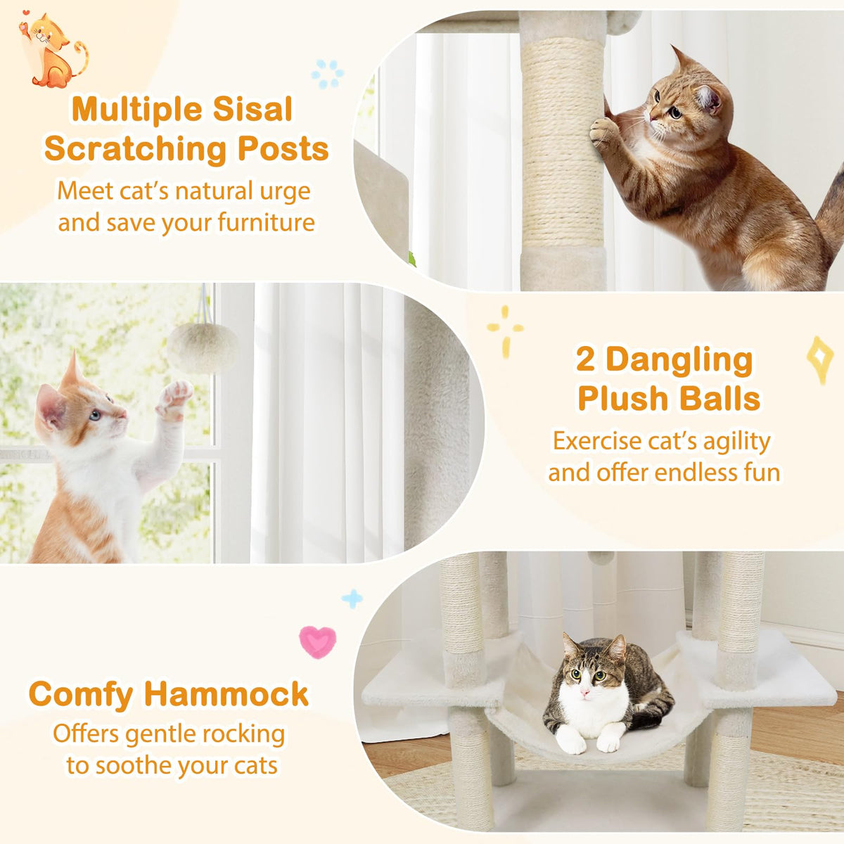 70 Inch Multi-Level Cat Tree with Sisal Scratching Posts and Condos B4723