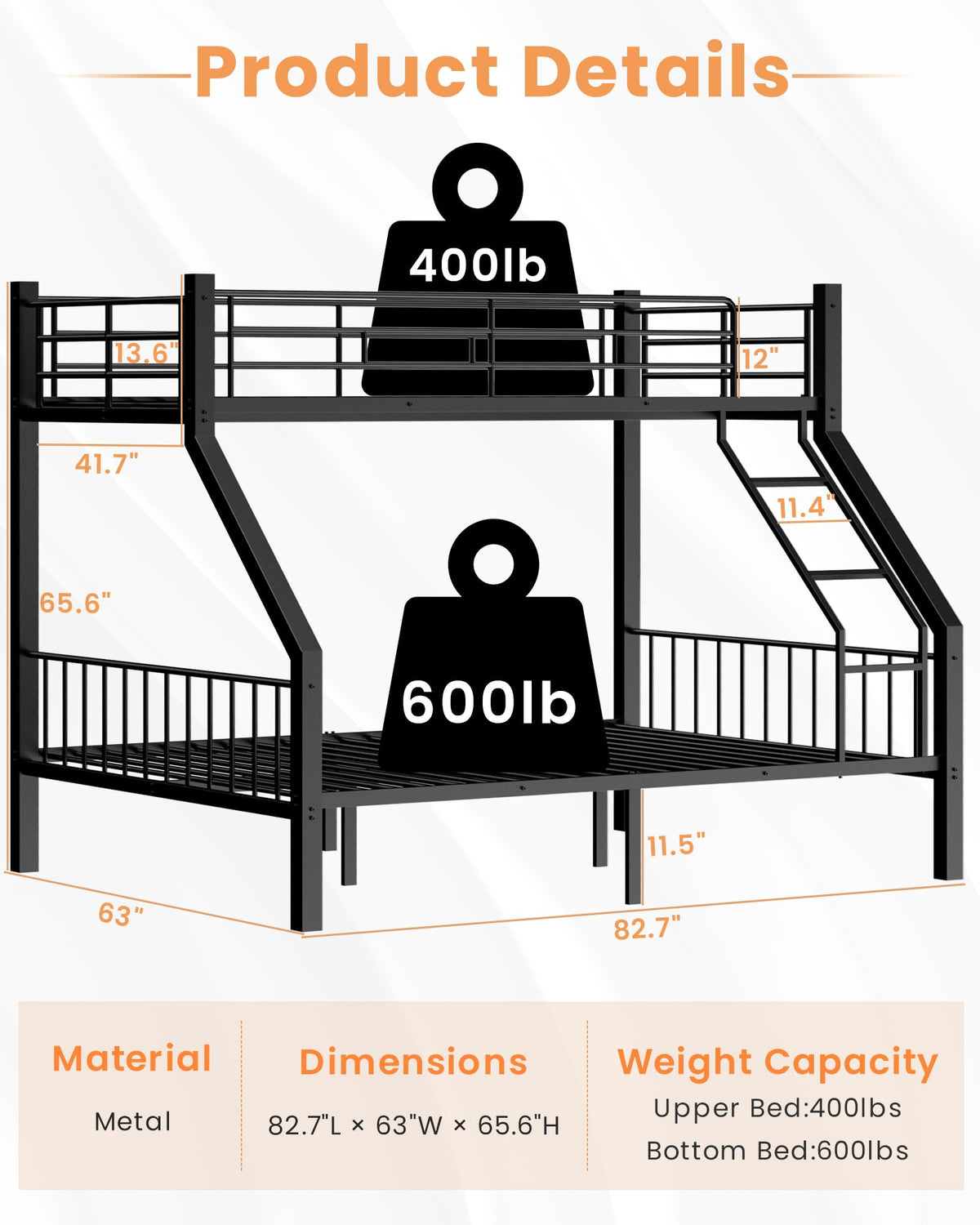 Twin XL Over Queen Bunk Bed with Ladder and Guardrails G46839