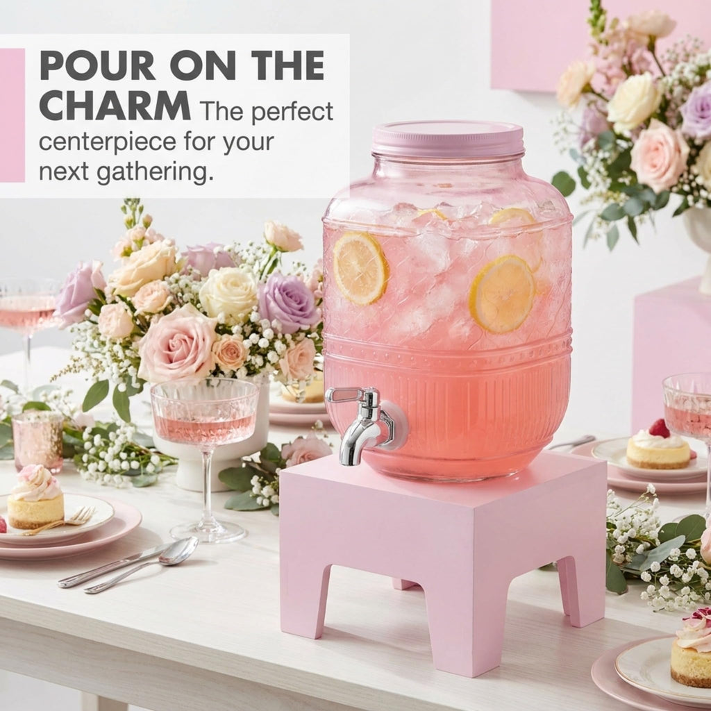 Pink Glass Beverage Dispenser with Wooden Stand, 1 Gallon L400
