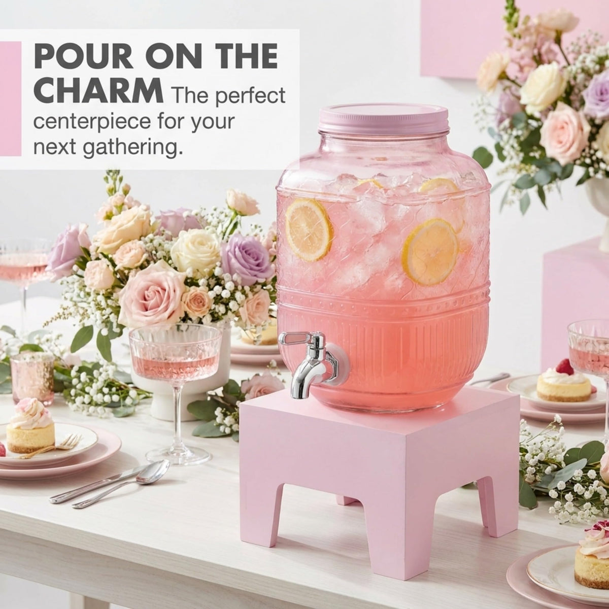 Pink Glass Beverage Dispenser with Wooden Stand, 1 Gallon L400