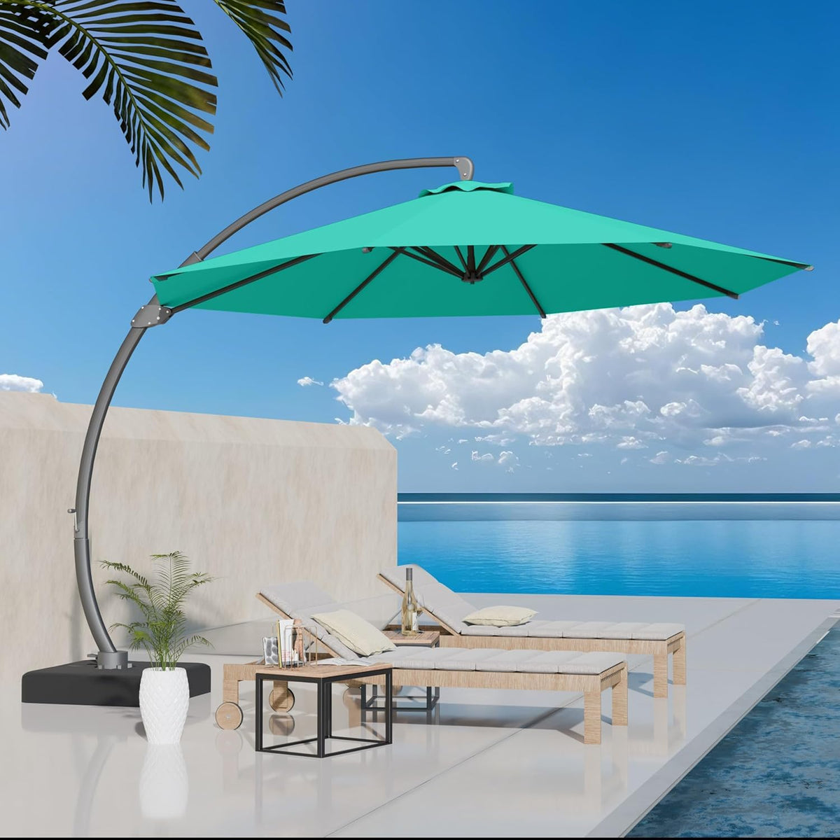 11ft Turquoise Blue Offset Cantilever Patio Umbrella with Base M815