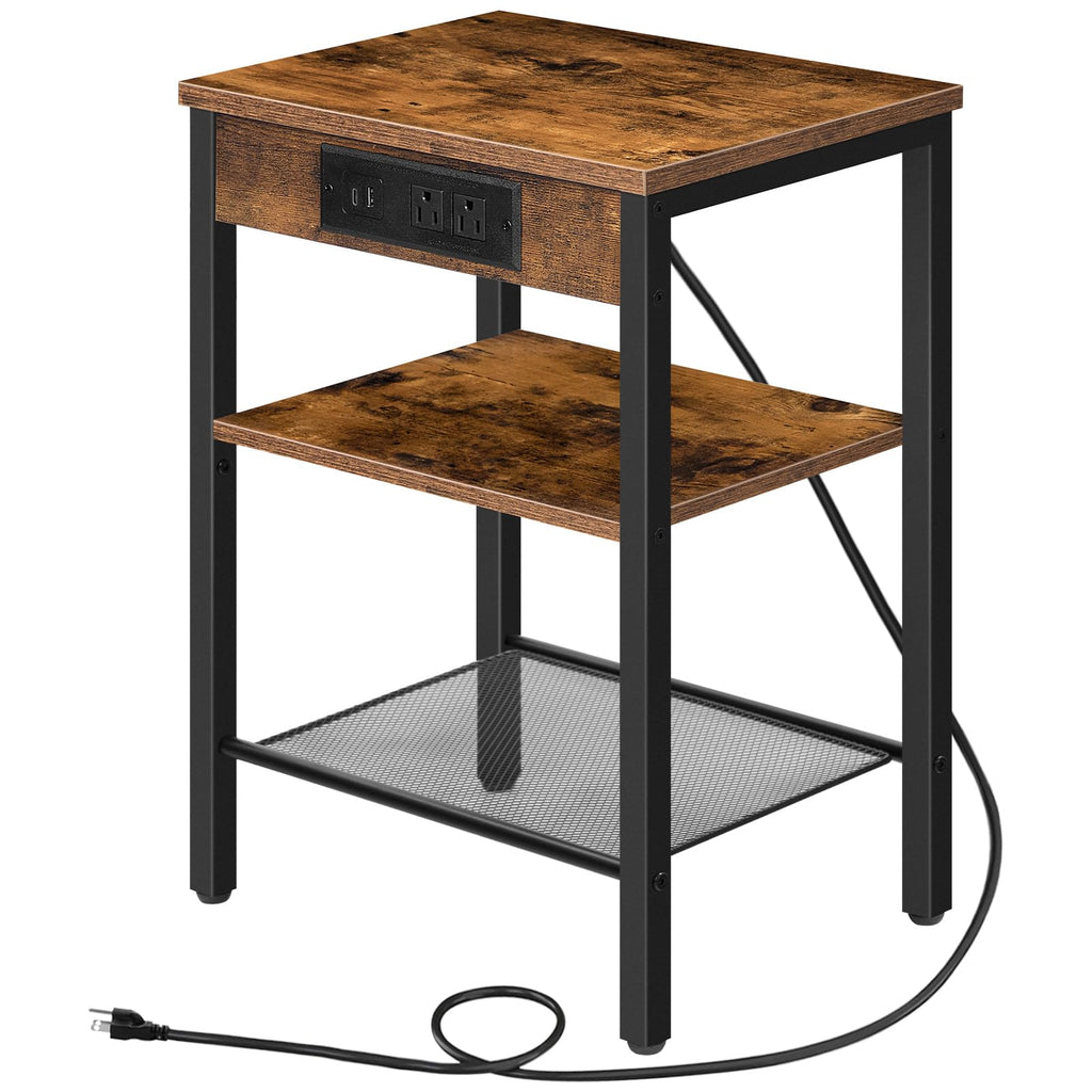 Side Table with Charging Station and USB Port, 3-Tier Nightstand with Adjustable Shelf, Rustic Brown V79002
