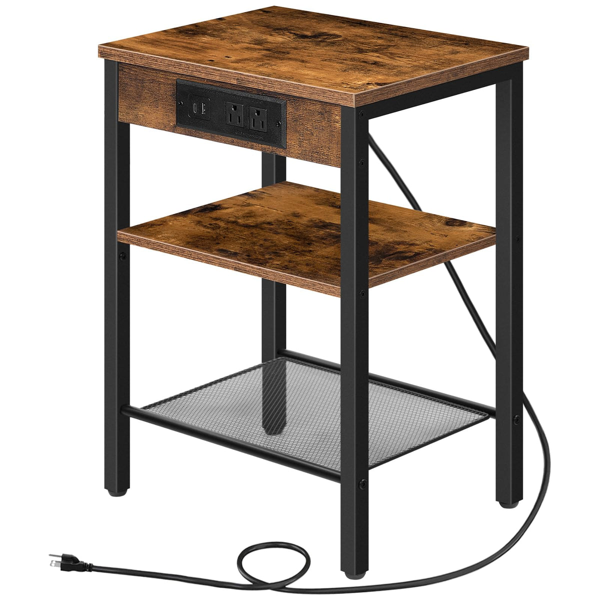 Side Table with Charging Station and USB Port, 3-Tier Nightstand with Adjustable Shelf, Rustic Brown V79002