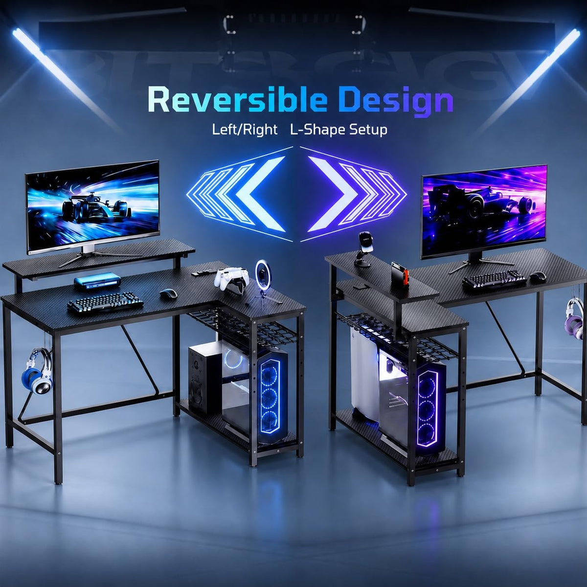 42-Inch L-Shaped Computer Desk with Charging & LED, Black X7895