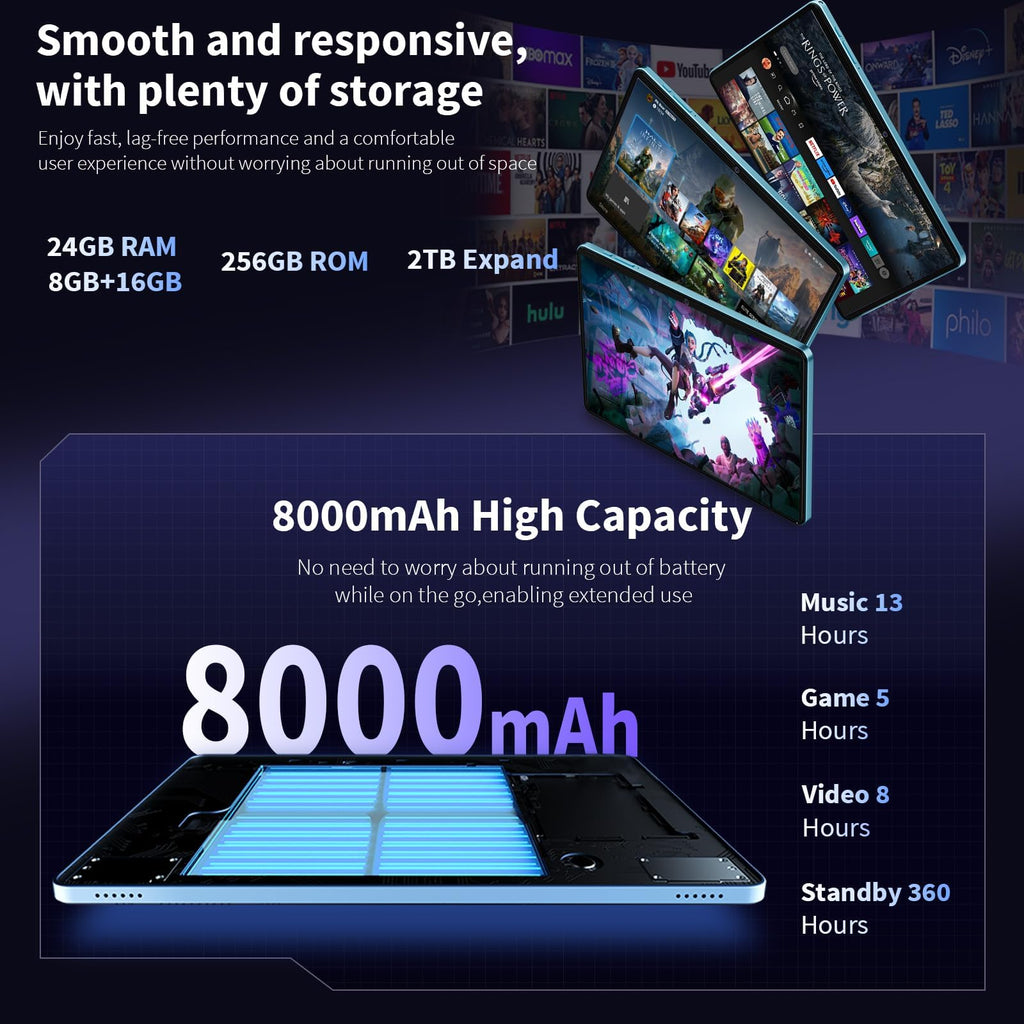 Android 16 Tablet 10 inch 32GB 256GB 2TB Expand Black S7634