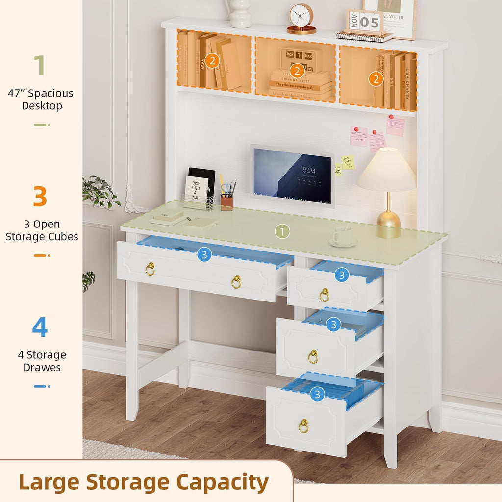 47" White and Gold Desk with Hutch and 4 Drawers J670400