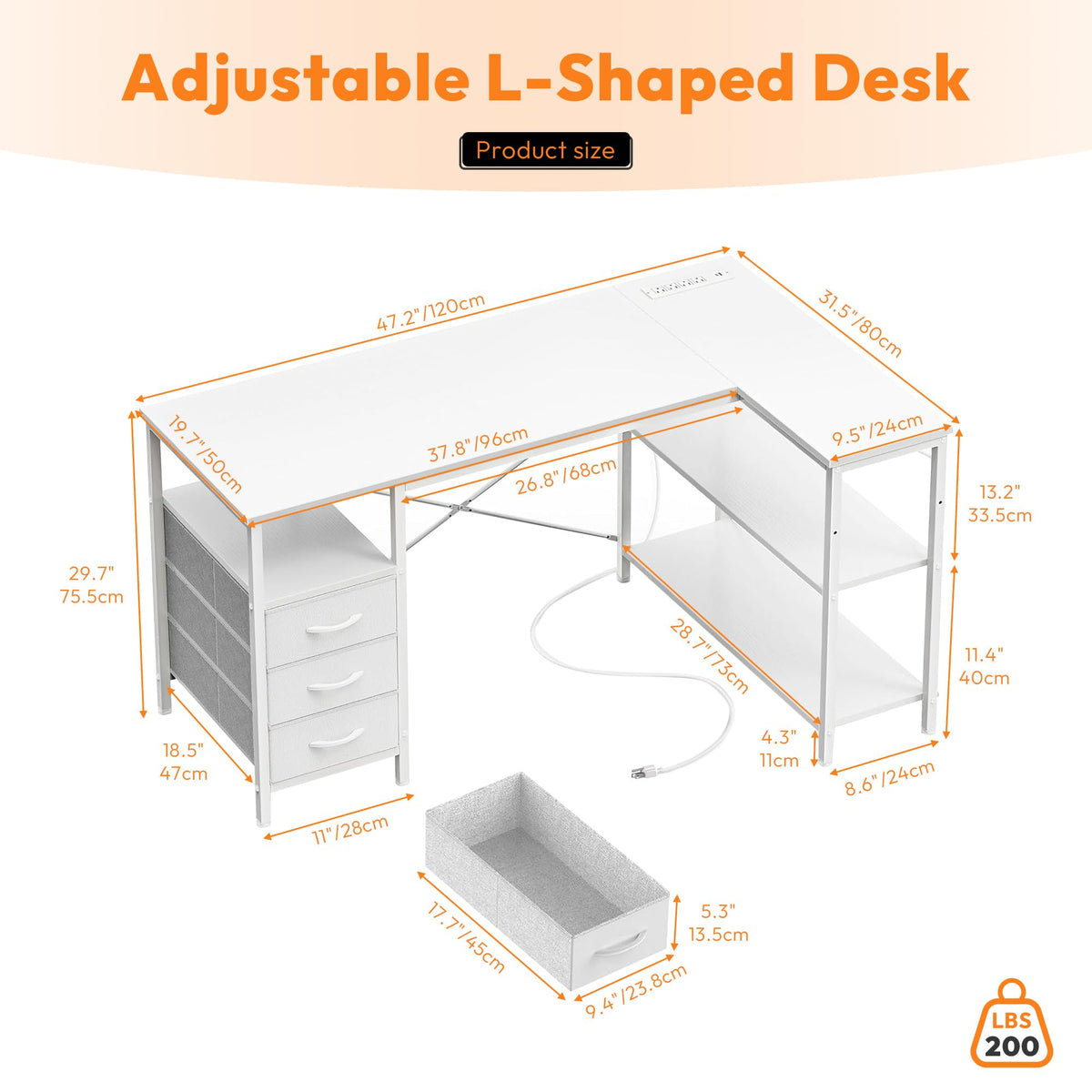 White 47 Inch L Shaped Gaming Desk with 3 Drawers and Shelves K634044
