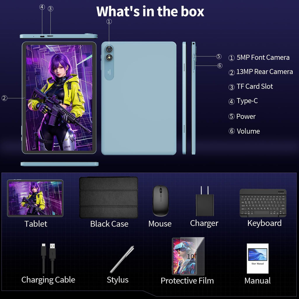 Android 16 Tablet 10 inch 32GB 256GB 2TB Expand Black S7634
