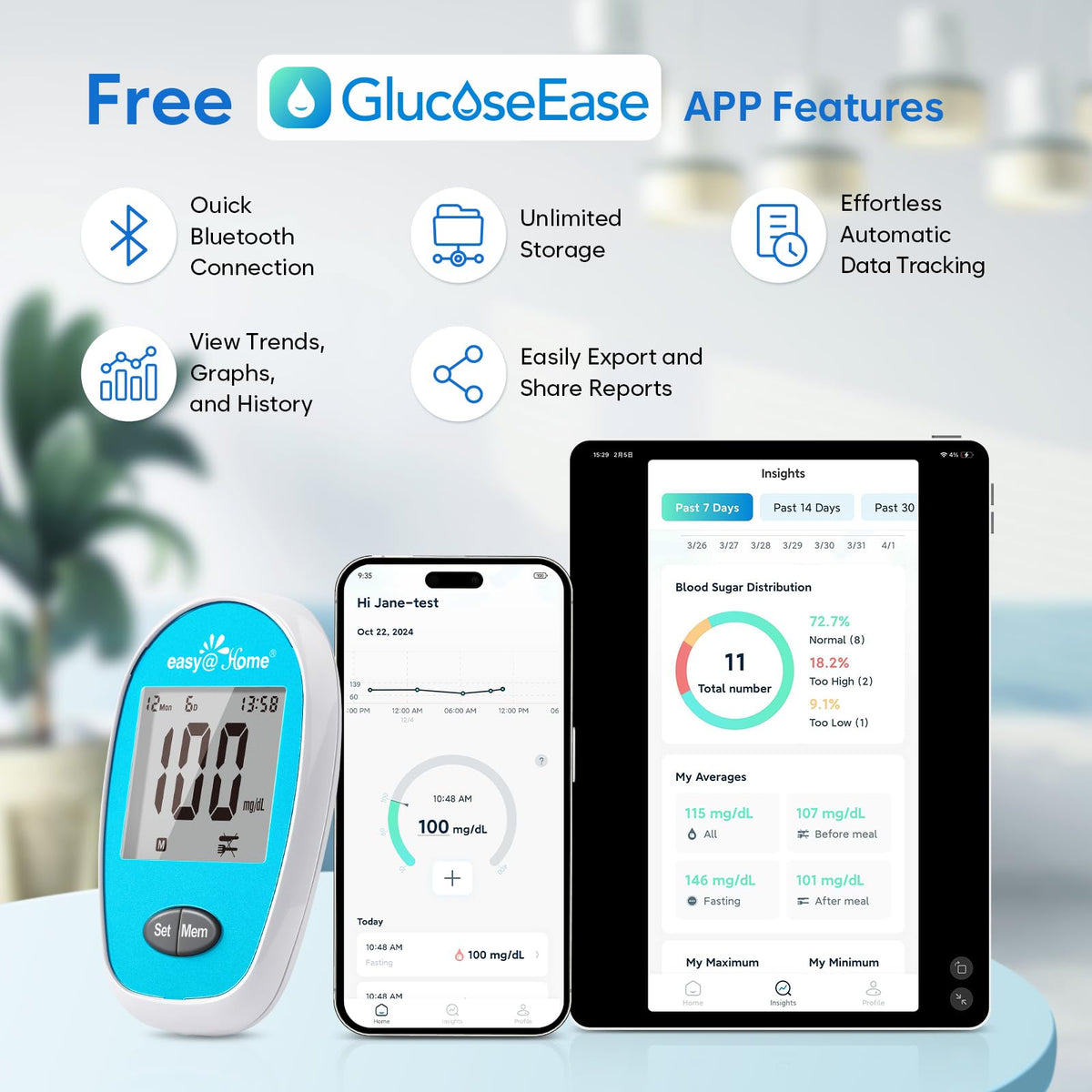 Wireless Glucose Monitor Kit, 100-Strip Blood Sugar Testing Kit O859
