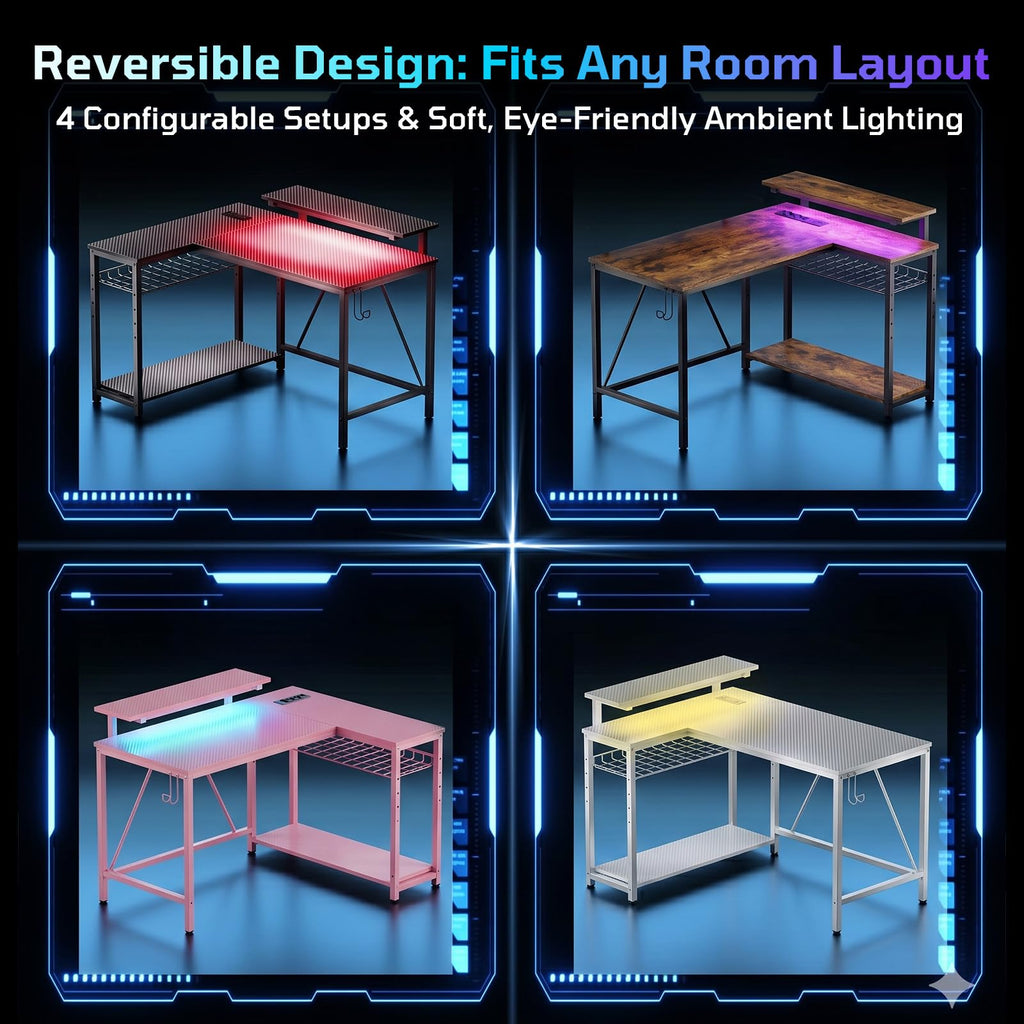 42-Inch L-Shaped Computer Desk with Charging & LED, Black X7895