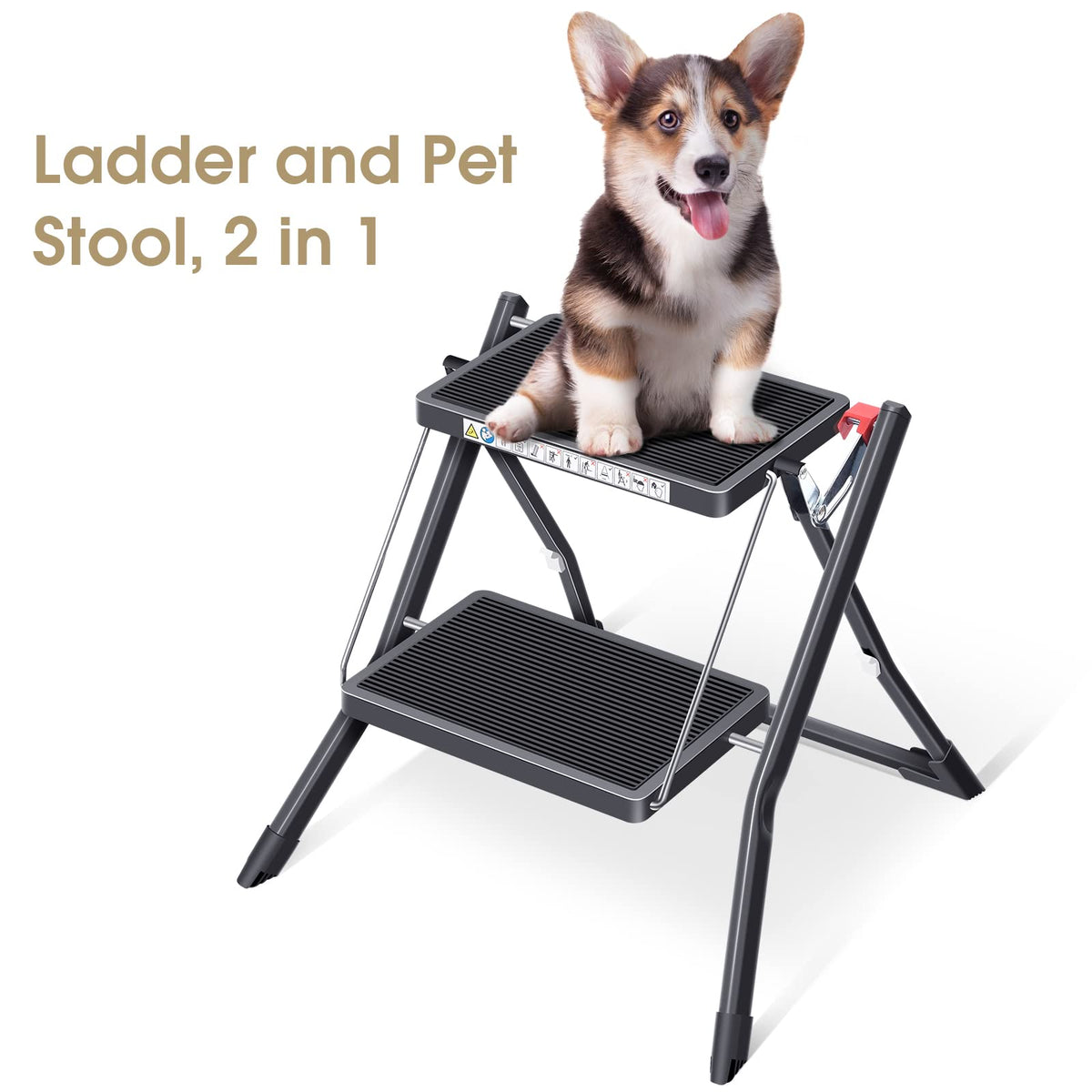 Folding Step Ladder, 2 Step Step Stool with Handle, Black A35041