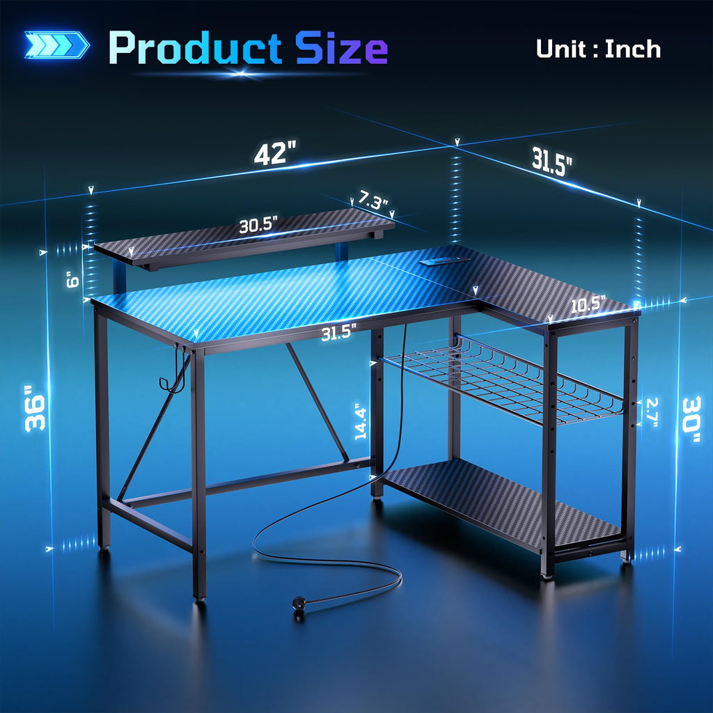 42-Inch L-Shaped Computer Desk with Charging & LED, Black X7895