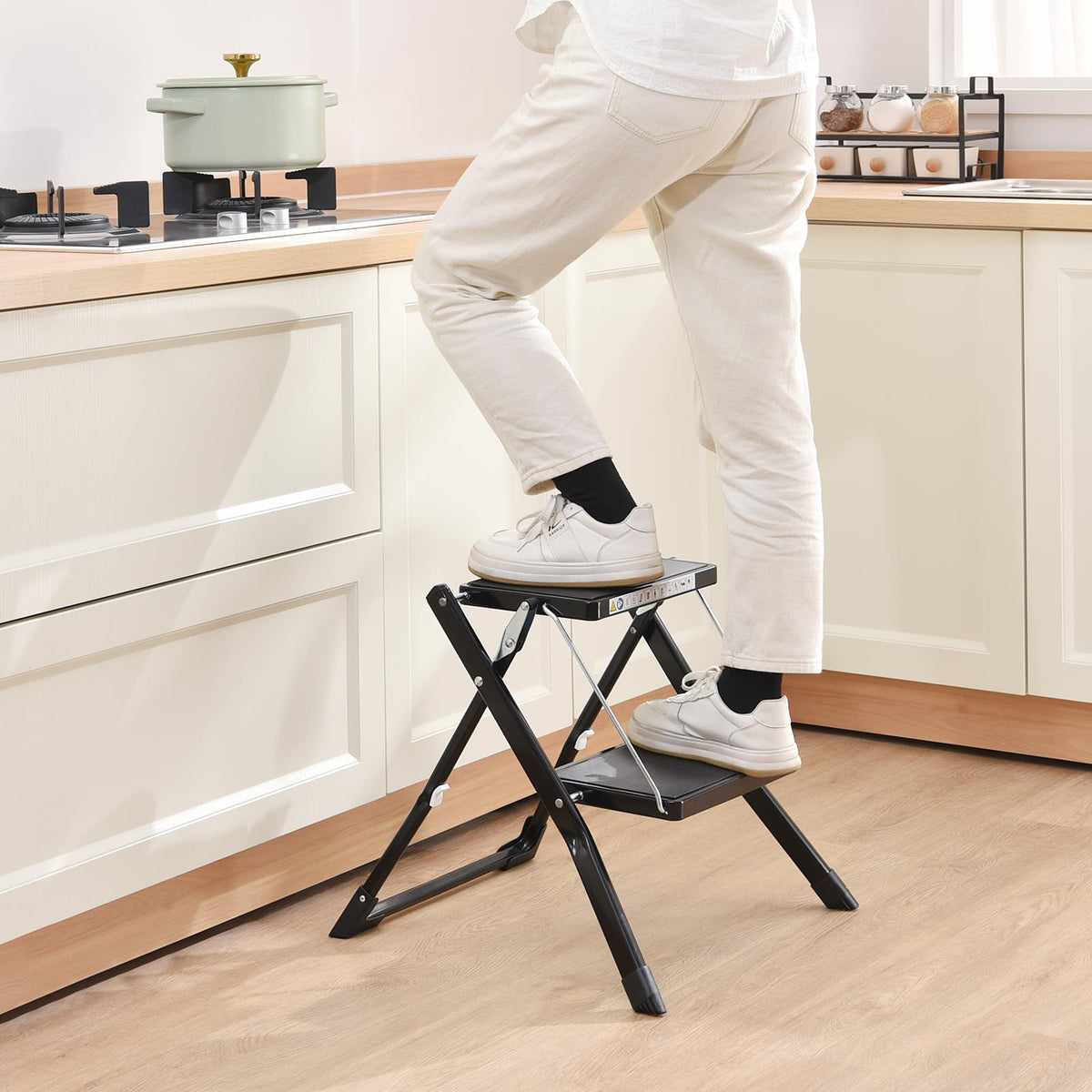Folding Step Ladder, 2 Step Step Stool with Handle, Black A35041