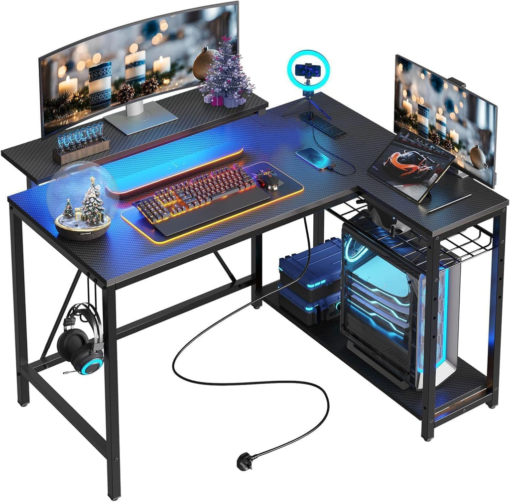 42-Inch L-Shaped Computer Desk with Charging & LED, Black X7895