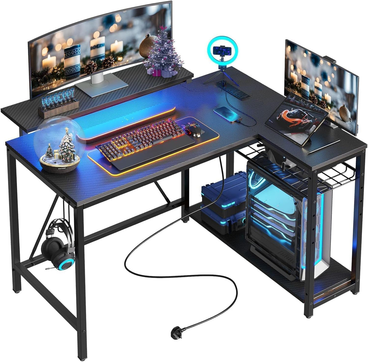 42-Inch L-Shaped Computer Desk with Charging & LED, Black X7895