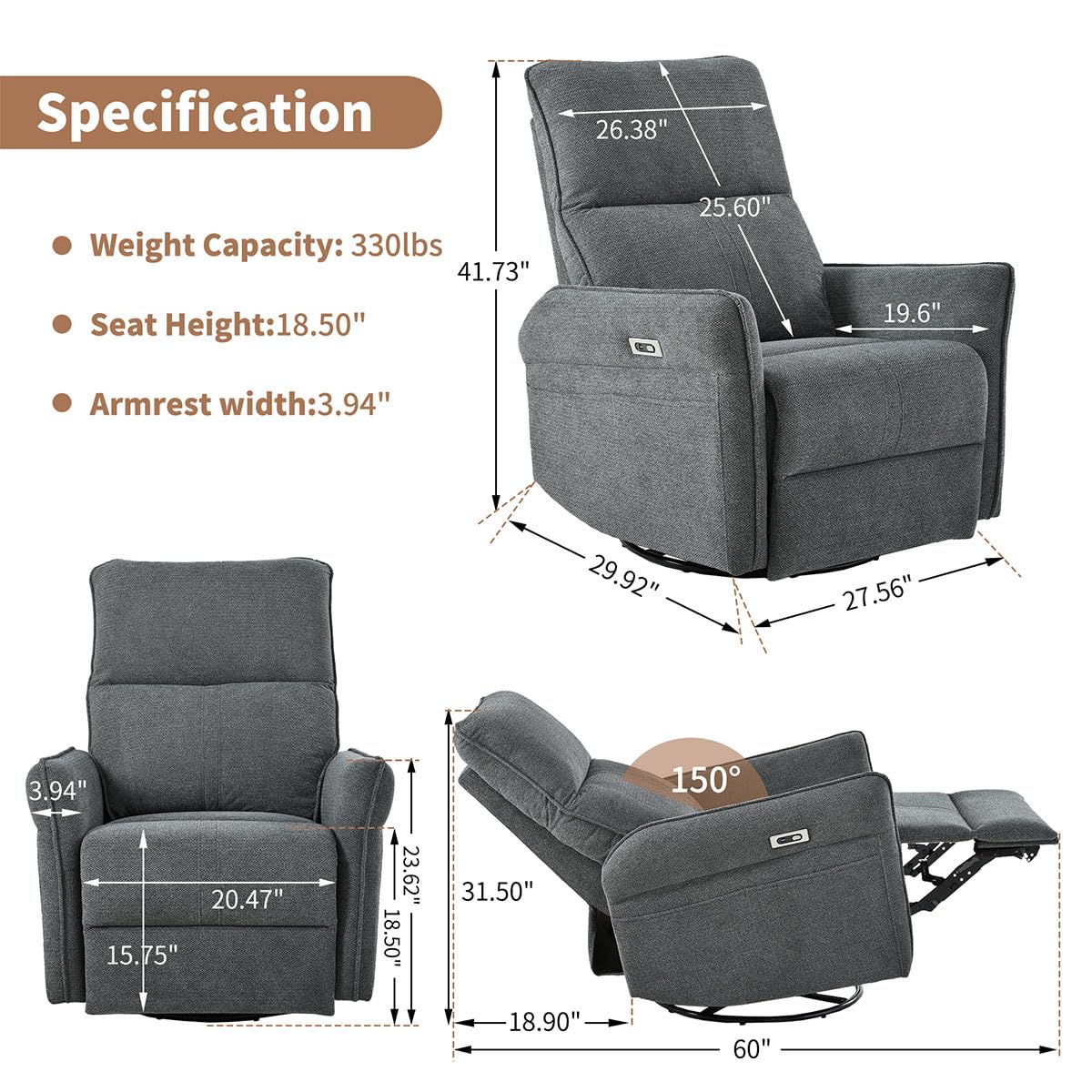 Power Swivel Rocker Recliner Chair with USB, Dark Gray S9090