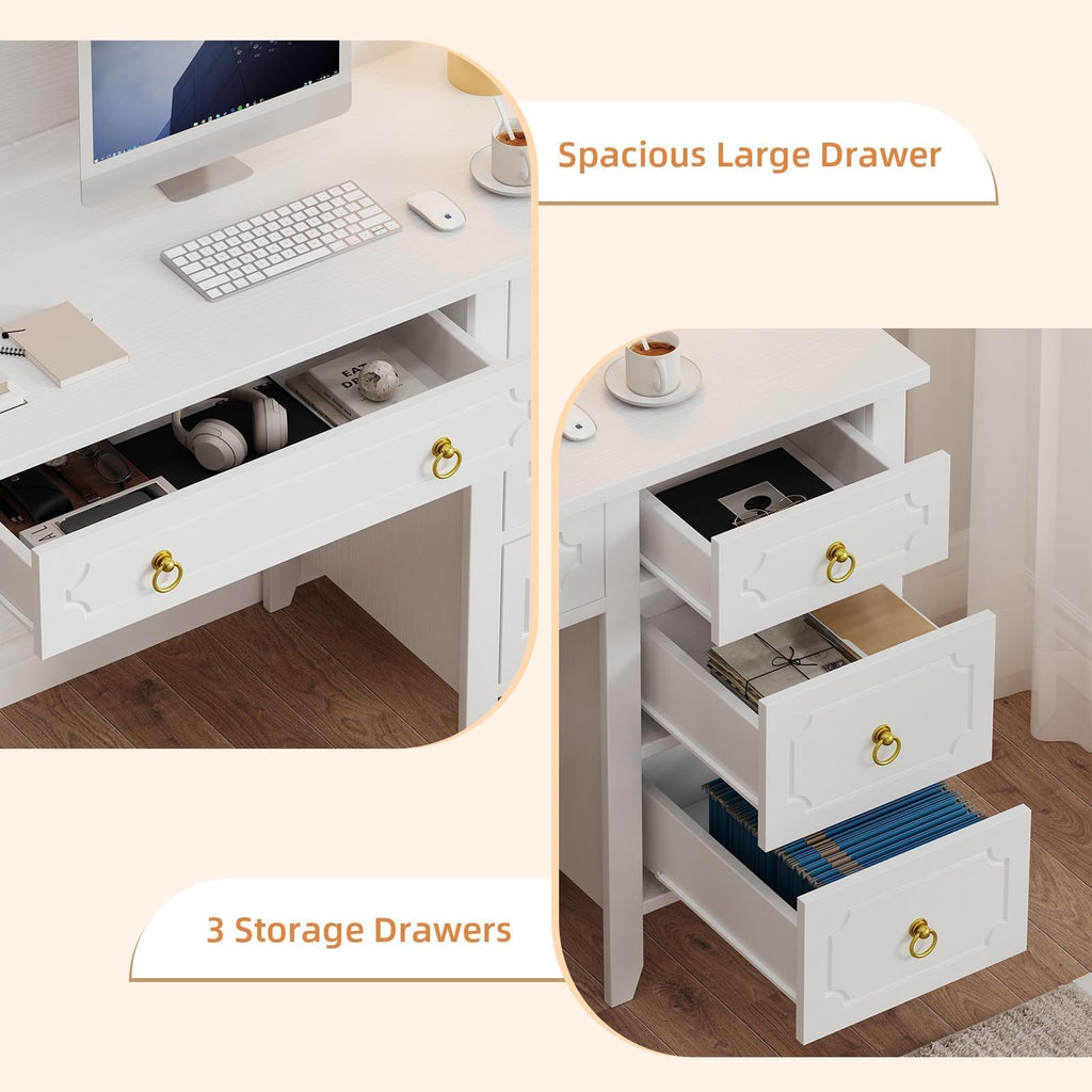 47" White and Gold Desk with Hutch and 4 Drawers J670400