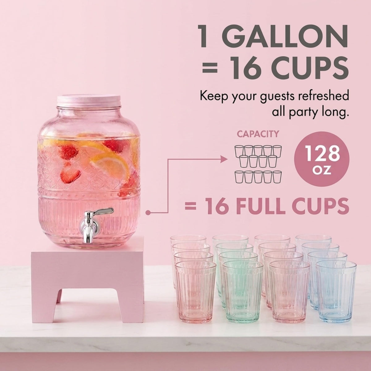 Pink Glass Beverage Dispenser with Wooden Stand, 1 Gallon L400
