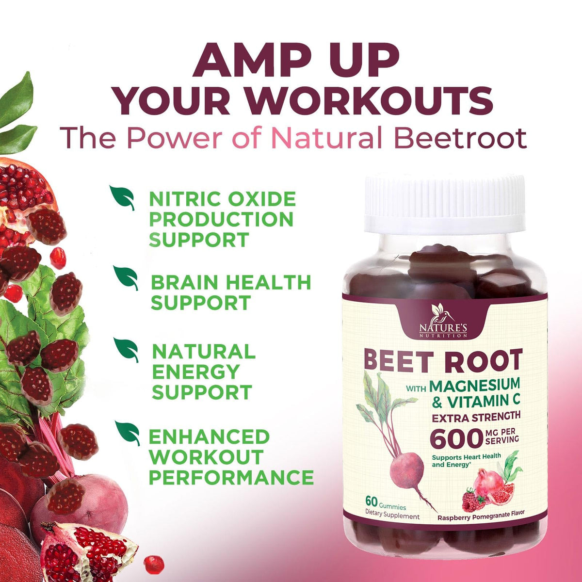 Beet Root Gummies with Beetroot Powder & Vitamin C, Berry Flavored, 60 Gummies X71506