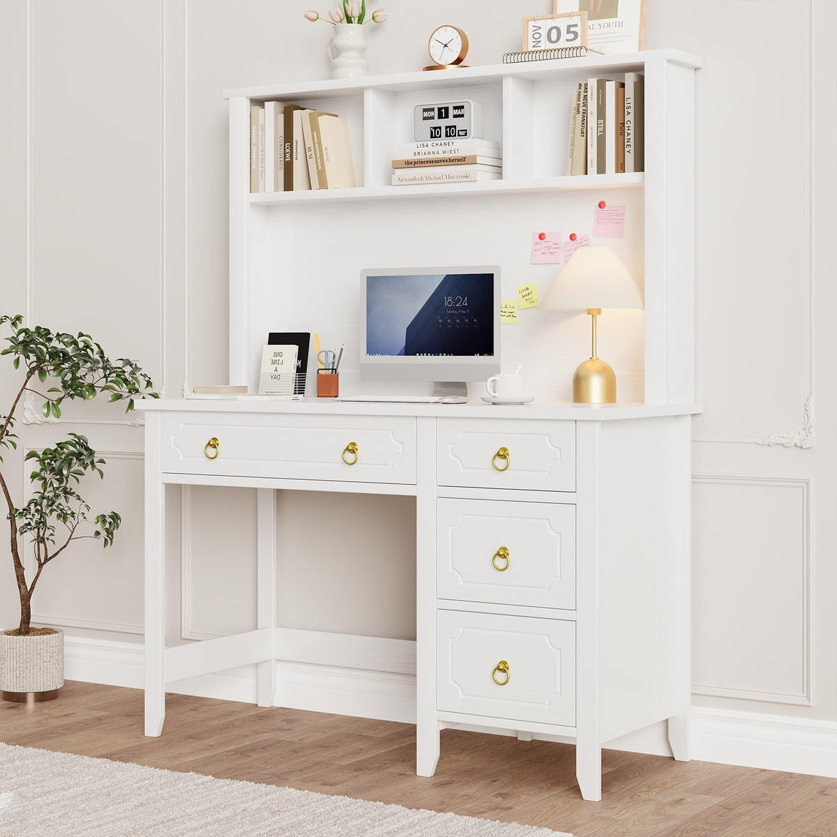47" White and Gold Desk with Hutch and 4 Drawers J670400