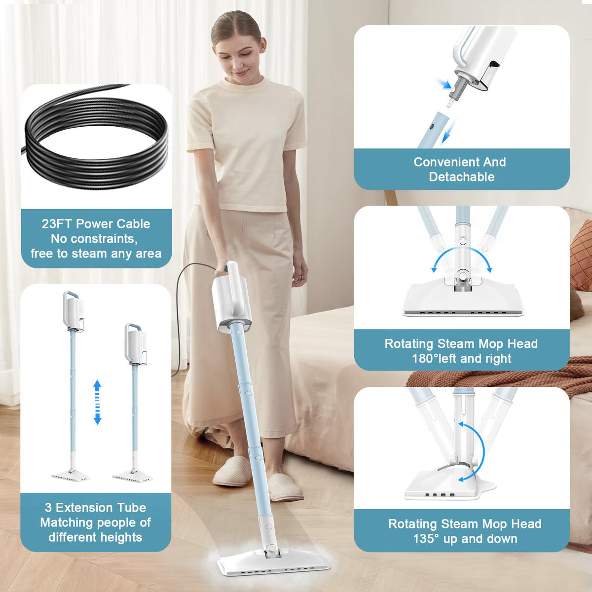 6 in1 Steam Mop Cleaner with 2 Modes, 2 Microfiber Pads, 400ML Removable Tank S5039