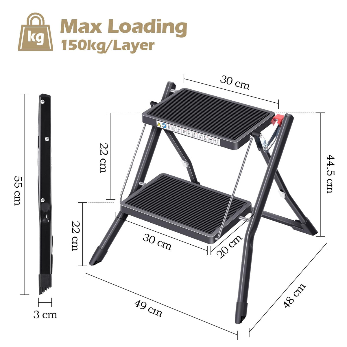 Folding Step Ladder, 2 Step Step Stool with Handle, Black A35041
