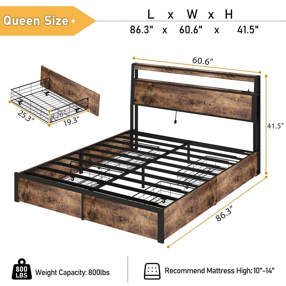 Queen Size Bed Frame with 4 Storage Drawers I92818