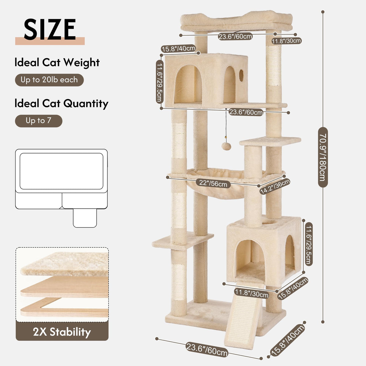 70” XXL Cat Tree Tower with Oversized Bed F389664