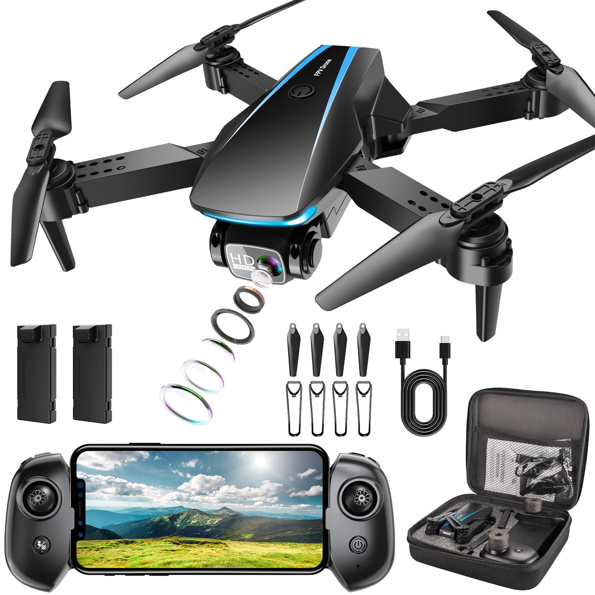 1080P HD Foldable Drone with Camera, 2 Batteries, Carrying Case G1476