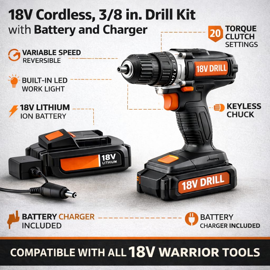18V Replacement Battery and Charger Kit with 3/8" Cordless Drill Z37596