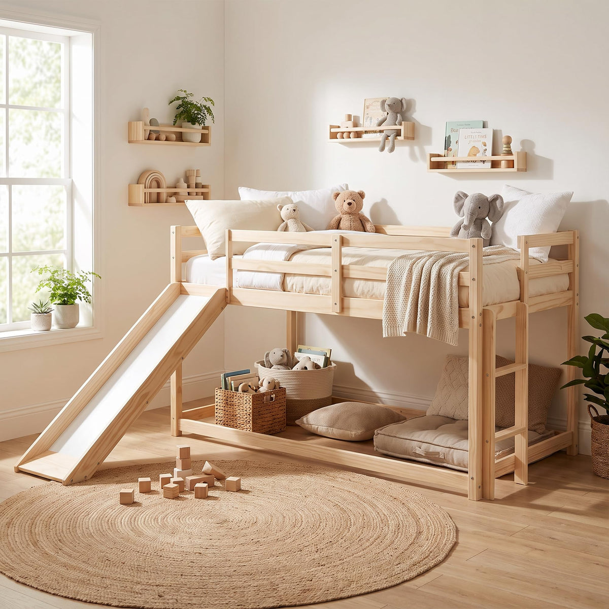 Twin Over Twin Solid Wood Bunk Bed with Slide and Ladder Y8273
