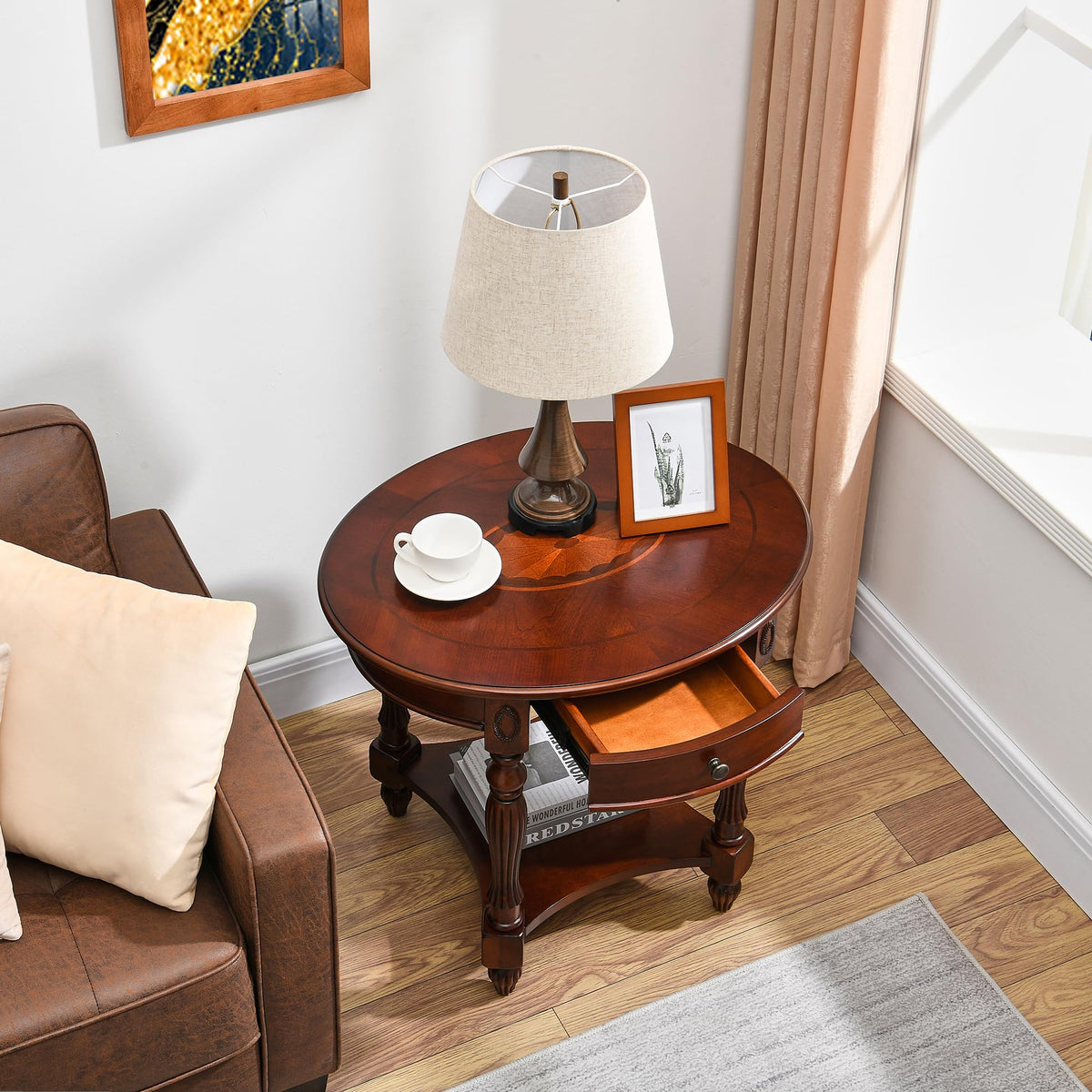 2-Tier Cherry Wood End Table with Drawer B639668