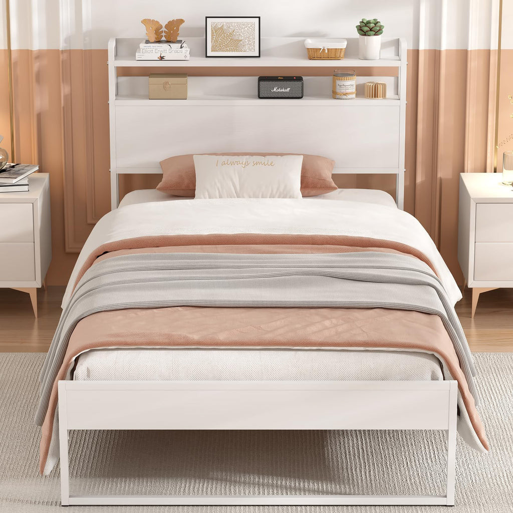 White Metal Twin Bed Frame with 2-Tier Storage Headboard H45689