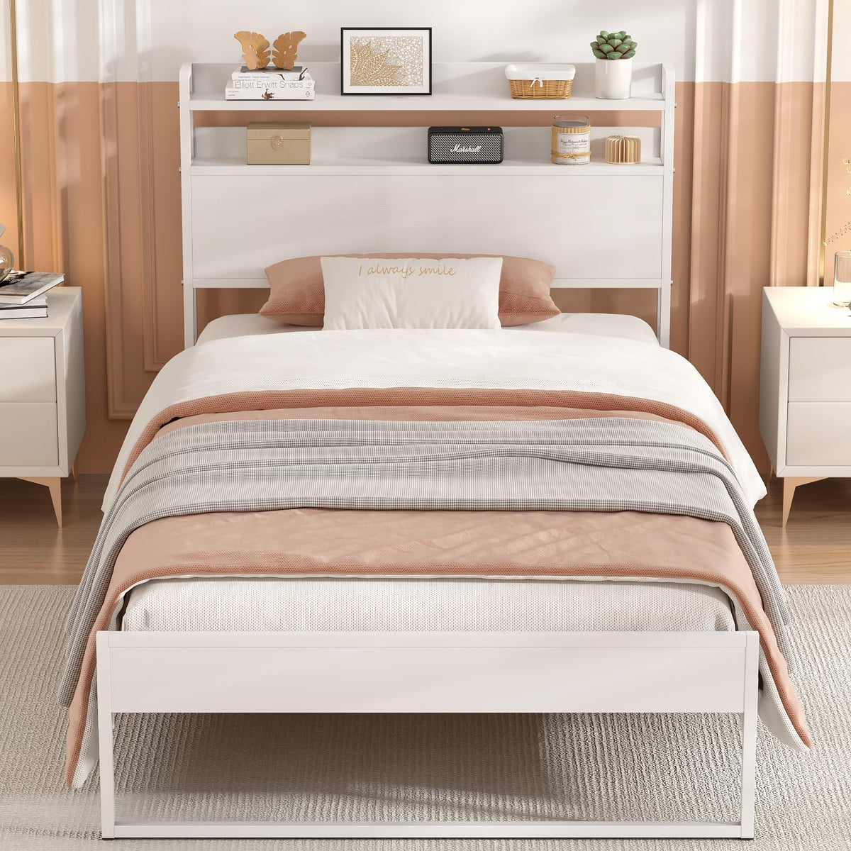 White Metal Twin Bed Frame with 2-Tier Storage Headboard H45689