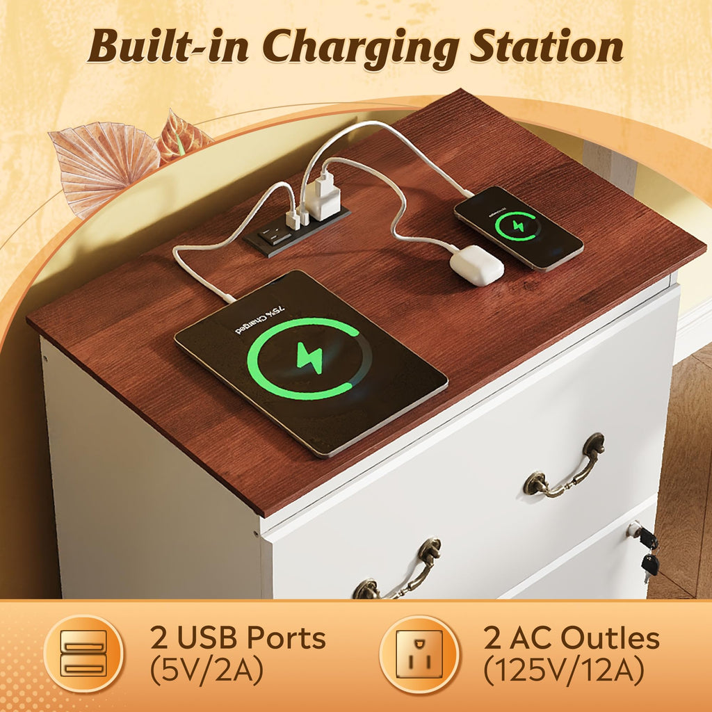White 2 Drawer Wood File Cabinet with Charging Station and Lock B2463