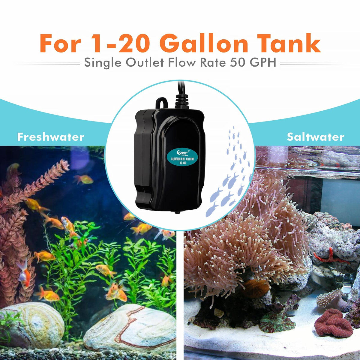 Mini Aquarium Air Pump Kit 1W for 2-20 Gallon Fish Tank with Air Tube Q717443