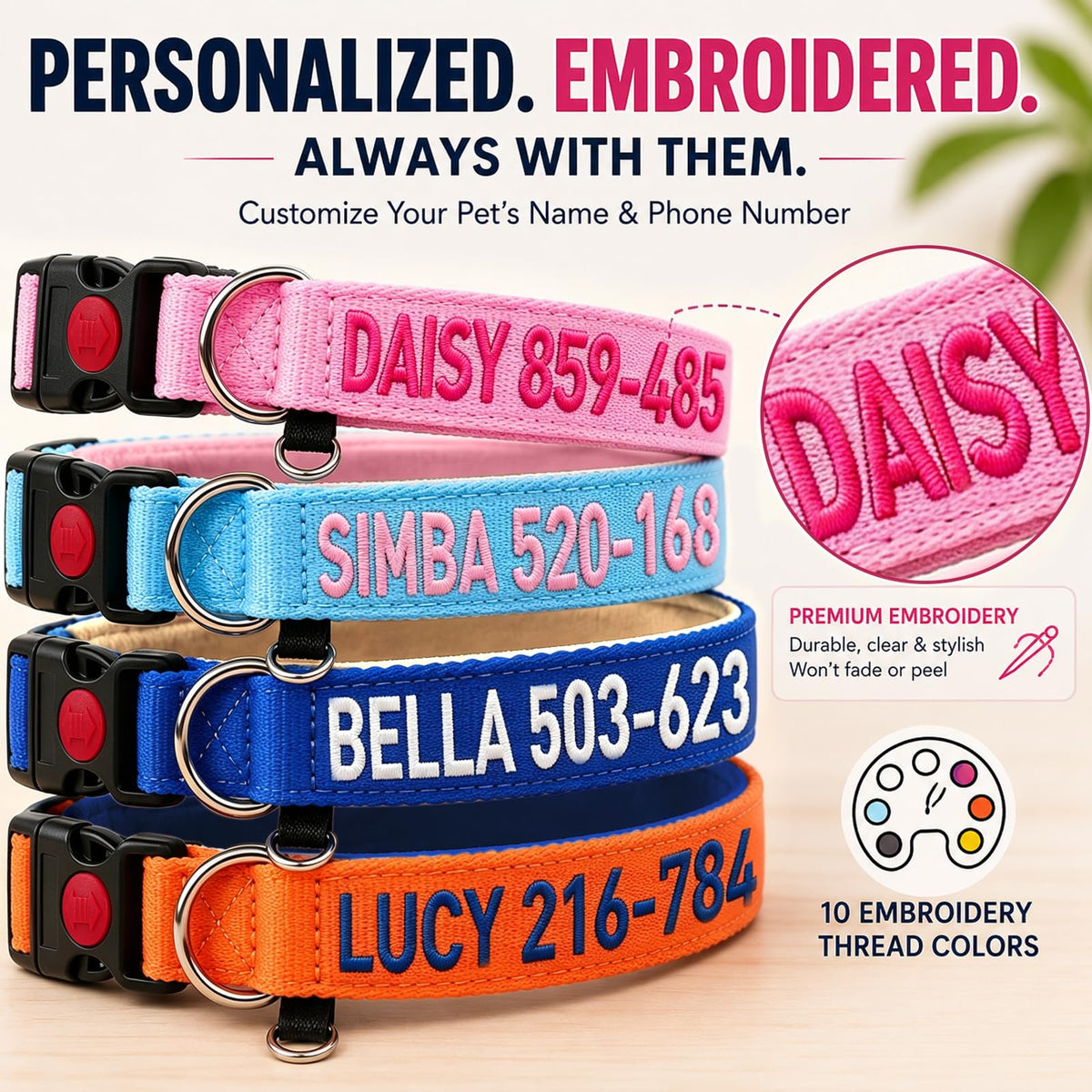 Custom Embroidered Dog Collar with Name and Number Q55372