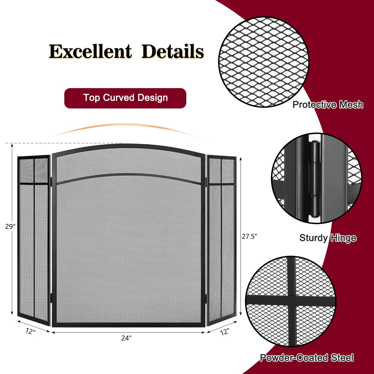 Black 3 Panel Steel Mesh Fireplace Screen H890