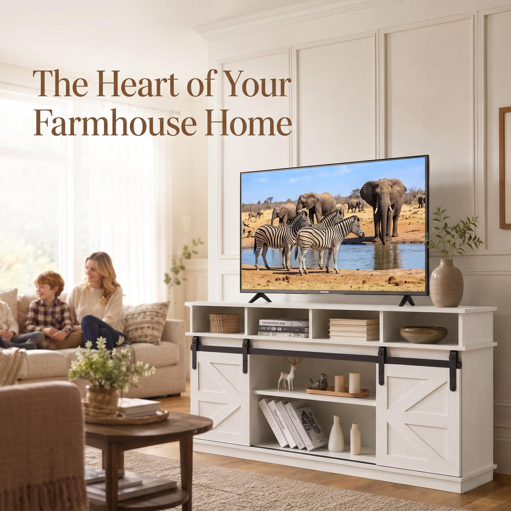 White 58" Farmhouse TV Stand with Sliding Barn Doors Q11648