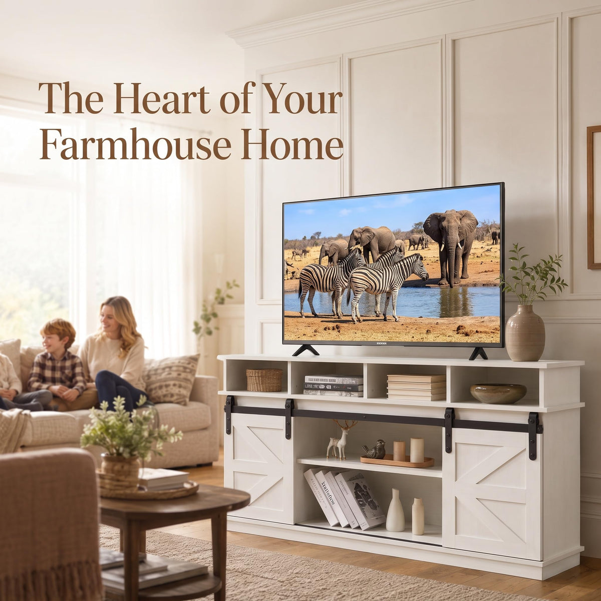 White 58" Farmhouse TV Stand with Sliding Barn Doors Q11648