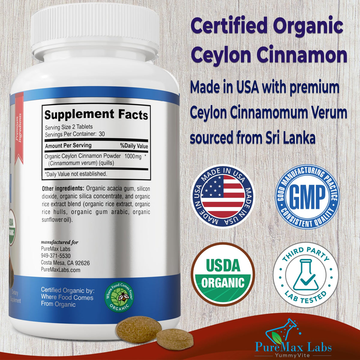 Organic Ceylon Cinnamon 1000mg 60 Tablets Y510970