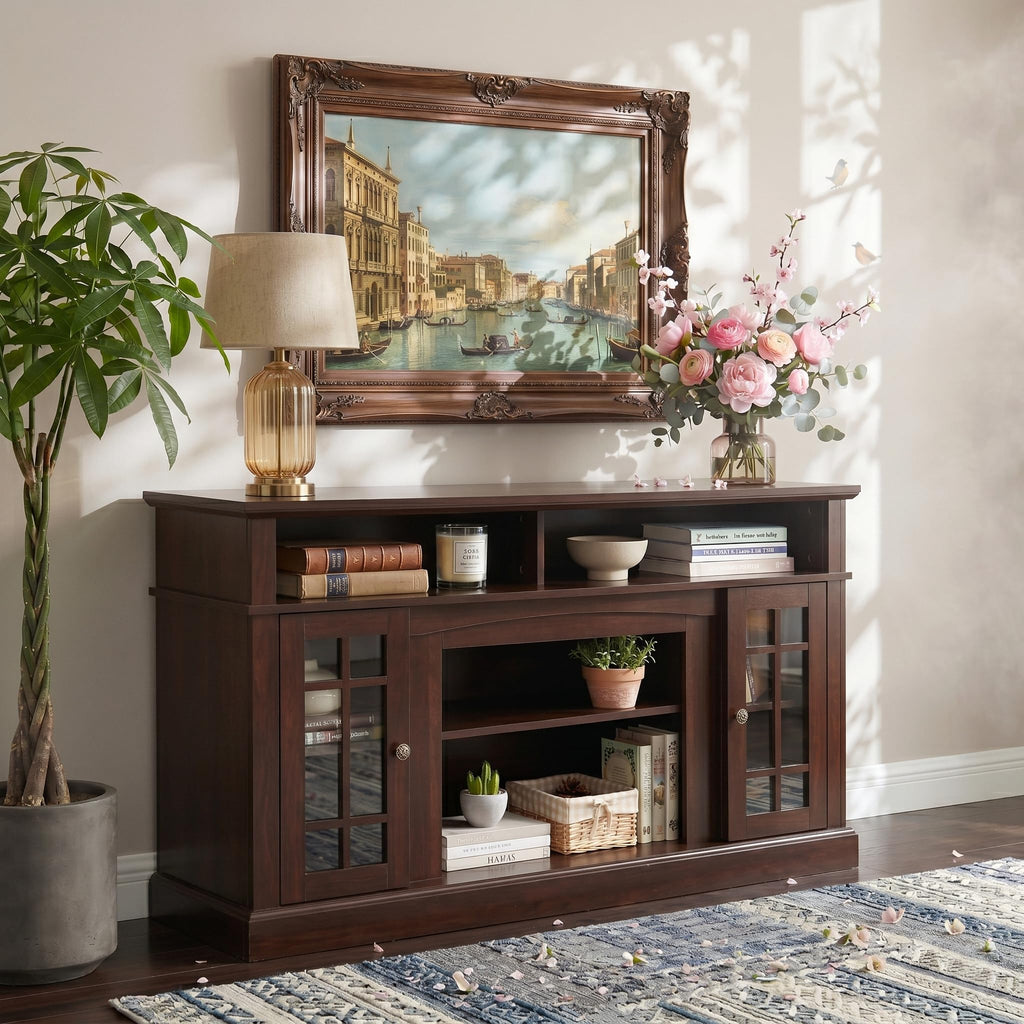 Espresso TV Stand with Glass Door and Open Shelves G85905