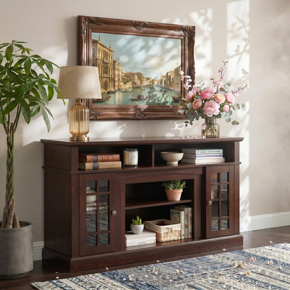 Espresso TV Stand with Glass Door and Open Shelves G85905