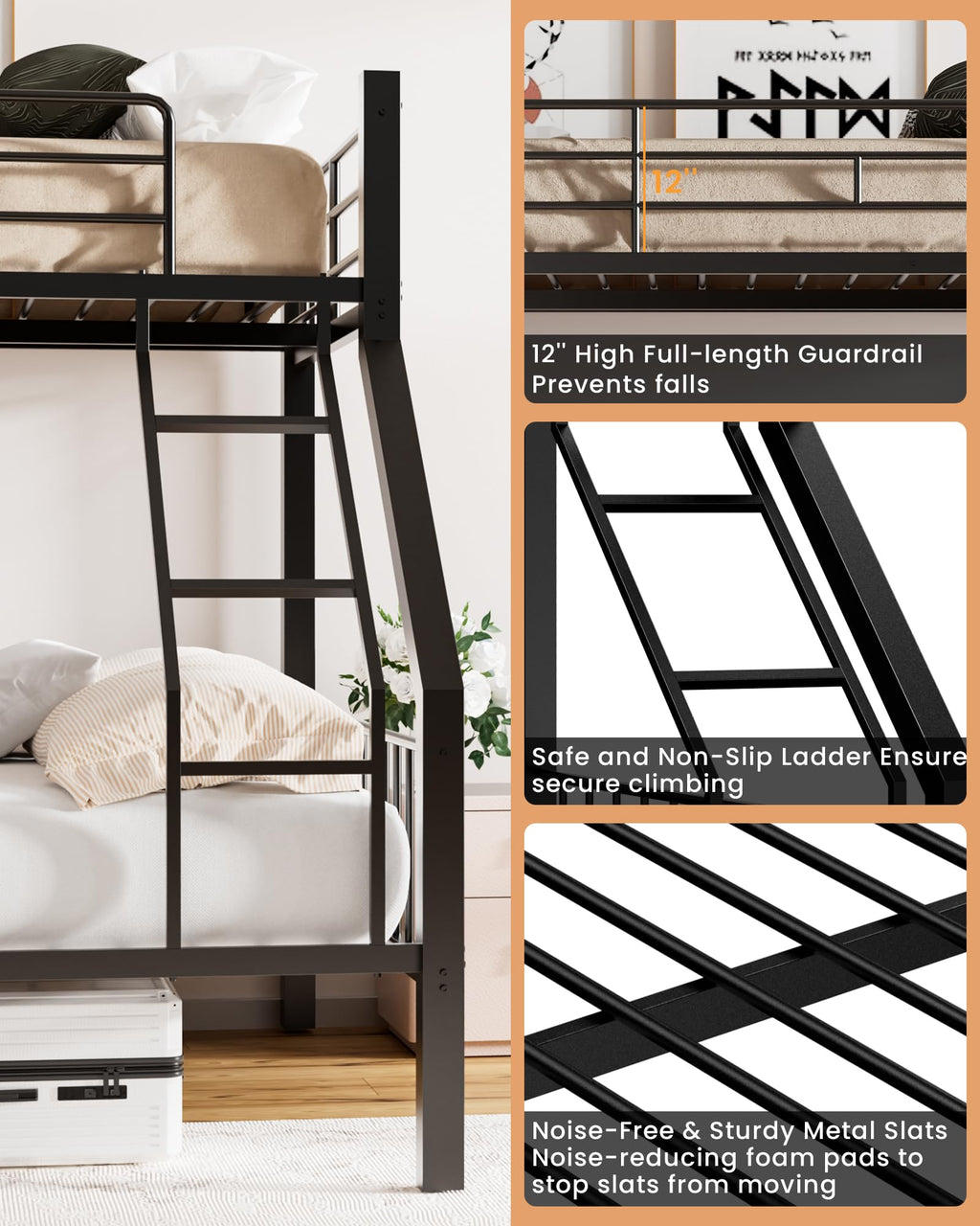 Twin XL Over Queen Bunk Bed with Ladder and Guardrails G46839